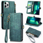 幾何学ジッパー財布サイドバックルレザースマホケース、iPhone 14 Pro Max用、iPhone 7 / 8 / SE 2022用、iPhone 13 Pro Max用、iPhone 13 Pro用、iPhone 13用、iPhone 12 / 12 Pro用、iPhone 12 Pro Max用、iPhone 11 Pro Max用
