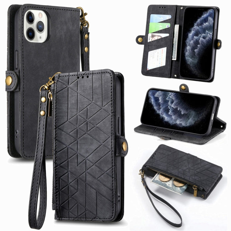 幾何学ジッパー財布サイドバックルレザースマホケース、iPhone 14 Pro Max用、iPhone 7 / 8 / SE 2022用、iPhone 13 Pro Max用、iPhone 13 Pro用、iPhone 13用、iPhone 12 / 12 Pro用、iPhone 12 Pro Max用、iPhone 11 Pro Max用