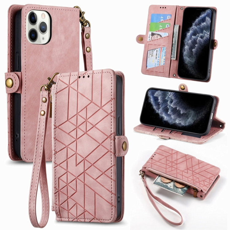 幾何学ジッパー財布サイドバックルレザースマホケース、iPhone 14 Pro Max用、iPhone 7 / 8 / SE 2022用、iPhone 13 Pro Max用、iPhone 13 Pro用、iPhone 13用、iPhone 12 / 12 Pro用、iPhone 12 Pro Max用、iPhone 11 Pro Max用