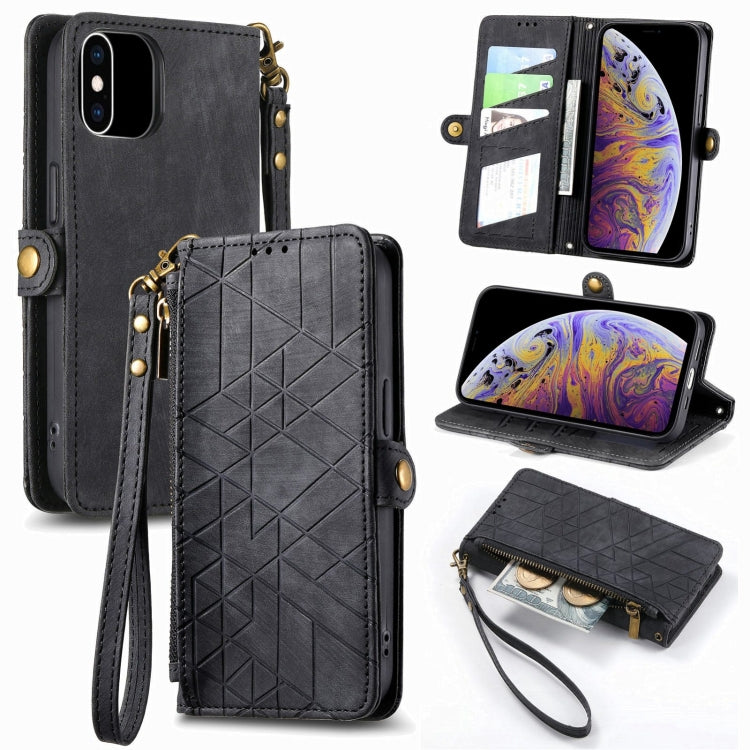 幾何学ジッパー財布サイドバックルレザースマホケース、iPhone 11用、iPhone 11 Pro用、iPhone X / XS用、iPhone XR用、iPhone XS Max用、iPhone 7 Plus / 8 Plus用、iPhone 6 Plus / 6s Plus用、iPhone 6 / 6s用
