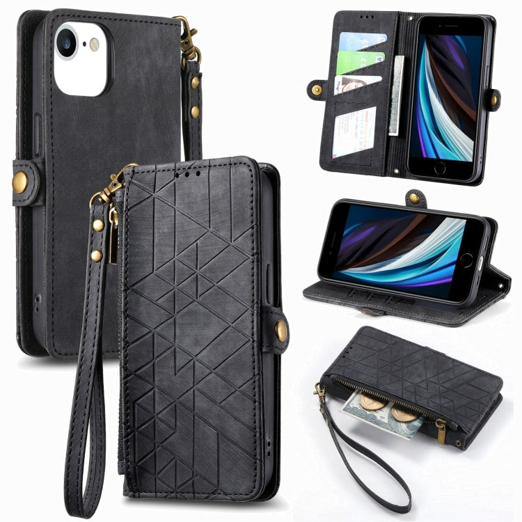 幾何学ジッパー財布サイドバックルレザースマホケース、iPhone 14 Pro Max用、iPhone 7 / 8 / SE 2022用、iPhone 13 Pro Max用、iPhone 13 Pro用、iPhone 13用、iPhone 12 / 12 Pro用、iPhone 12 Pro Max用、iPhone 11 Pro Max用