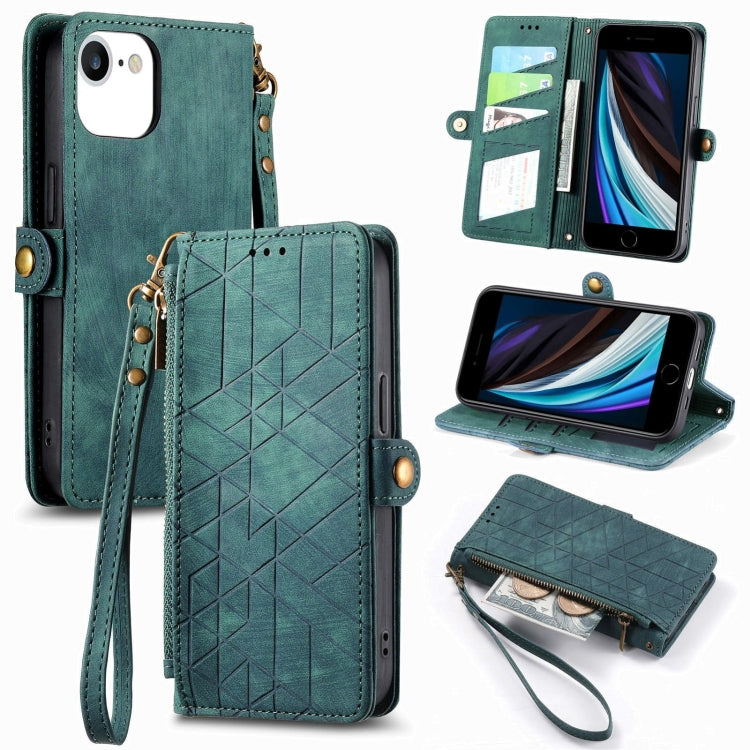 幾何学ジッパー財布サイドバックルレザースマホケース、iPhone 14 Pro Max用、iPhone 7 / 8 / SE 2022用、iPhone 13 Pro Max用、iPhone 13 Pro用、iPhone 13用、iPhone 12 / 12 Pro用、iPhone 12 Pro Max用、iPhone 11 Pro Max用