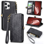 幾何学ジッパー財布サイドバックルレザースマホケース、iPhone 17e / 16e用、iPhone 17 Pro Max用、iPhone 17 Pro用、iPhone 17用、iPhone Air用、iPhone 16 Pro Max用、iPhone 16 Pro用、iPhone 16 Plus用