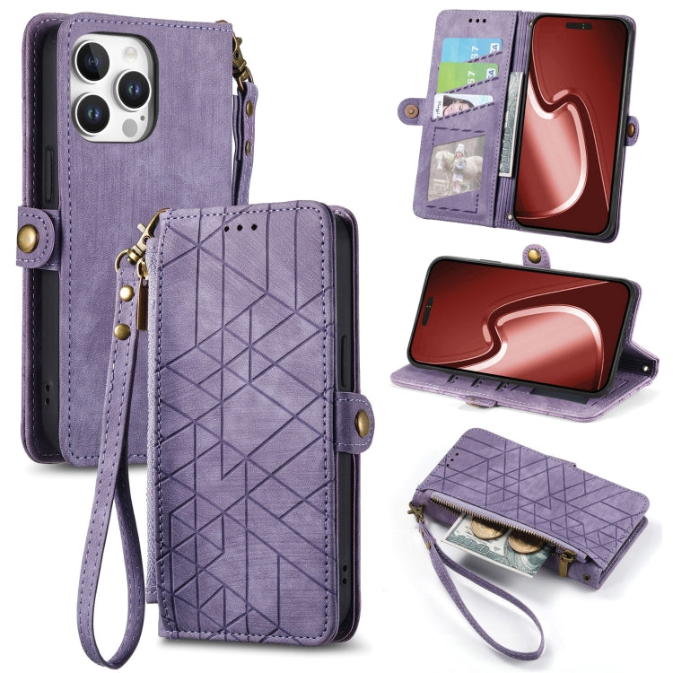幾何学ジッパー財布サイドバックルレザースマホケース、iPhone 17e / 16e用、iPhone 17 Pro Max用、iPhone 17 Pro用、iPhone 17用、iPhone Air用、iPhone 16 Pro Max用、iPhone 16 Pro用、iPhone 16 Plus用