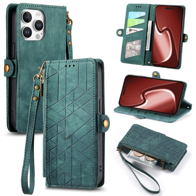 幾何学ジッパー財布サイドバックルレザースマホケース、iPhone 17e / 16e用、iPhone 17 Pro Max用、iPhone 17 Pro用、iPhone 17用、iPhone Air用、iPhone 16 Pro Max用、iPhone 16 Pro用、iPhone 16 Plus用