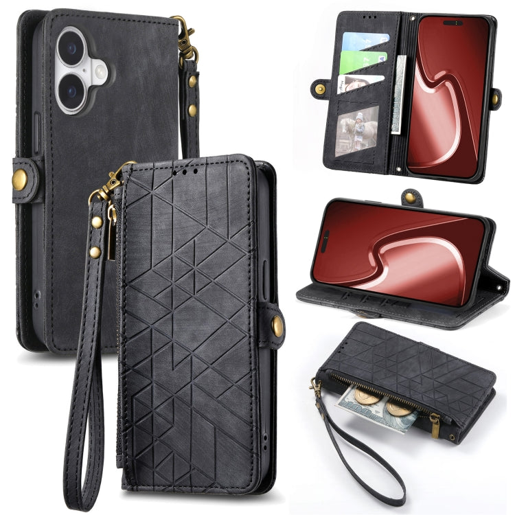 幾何学ジッパー財布サイドバックルレザースマホケース、iPhone 17e / 16e用、iPhone 17 Pro Max用、iPhone 17 Pro用、iPhone 17用、iPhone Air用、iPhone 16 Pro Max用、iPhone 16 Pro用、iPhone 16 Plus用