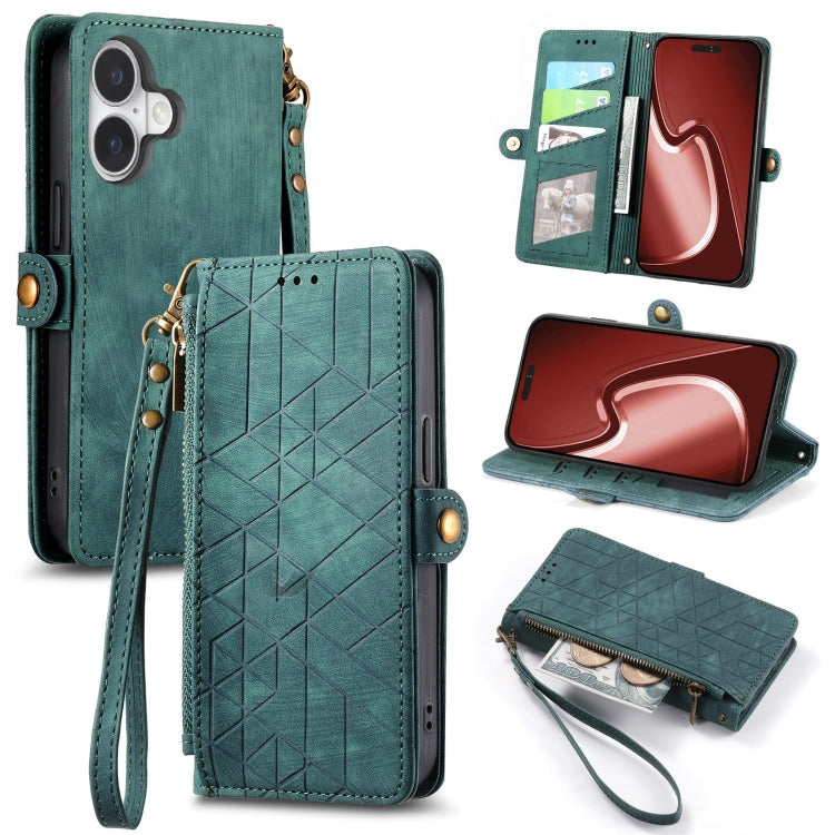 幾何学ジッパー財布サイドバックルレザースマホケース、iPhone 17e / 16e用、iPhone 17 Pro Max用、iPhone 17 Pro用、iPhone 17用、iPhone Air用、iPhone 16 Pro Max用、iPhone 16 Pro用、iPhone 16 Plus用