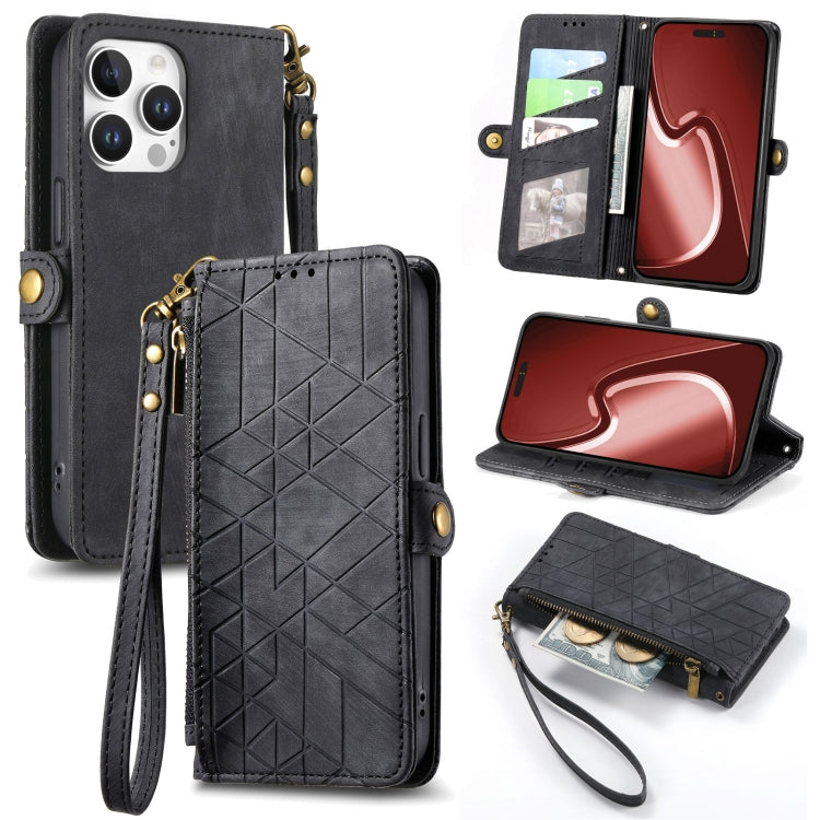 幾何学ジッパー財布サイドバックルレザースマホケース、iPhone 17e / 16e用、iPhone 17 Pro Max用、iPhone 17 Pro用、iPhone 17用、iPhone Air用、iPhone 16 Pro Max用、iPhone 16 Pro用、iPhone 16 Plus用