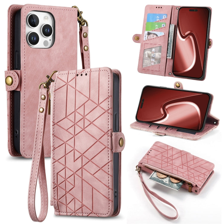 幾何学ジッパー財布サイドバックルレザースマホケース、iPhone 17e / 16e用、iPhone 17 Pro Max用、iPhone 17 Pro用、iPhone 17用、iPhone Air用、iPhone 16 Pro Max用、iPhone 16 Pro用、iPhone 16 Plus用