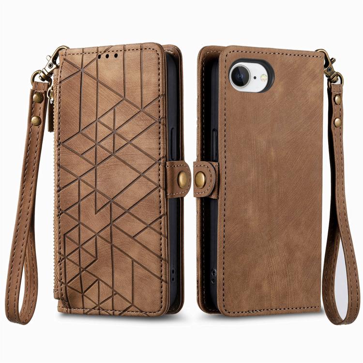 幾何学ジッパー財布サイドバックルレザースマホケース、iPhone 17e / 16e用、iPhone 17 Pro Max用、iPhone 17 Pro用、iPhone 17用、iPhone Air用、iPhone 16 Pro Max用、iPhone 16 Pro用、iPhone 16 Plus用