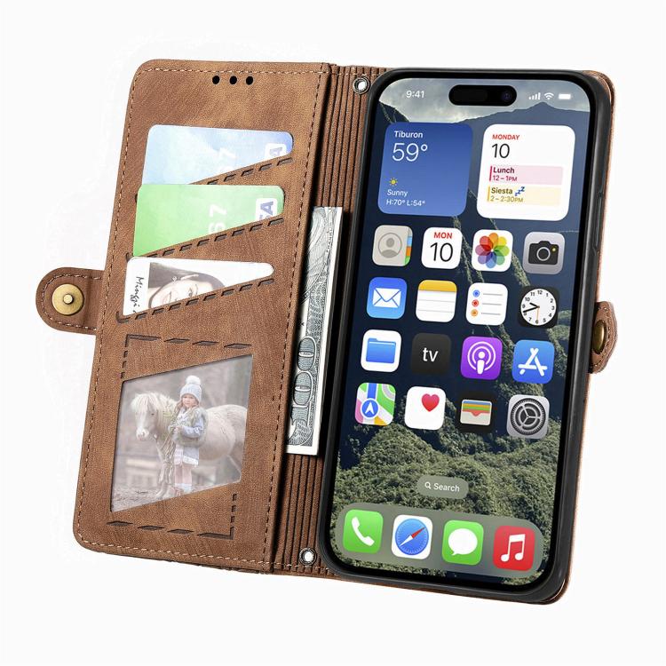 幾何学ジッパー財布サイドバックルレザースマホケース、iPhone 17e / 16e用、iPhone 17 Pro Max用、iPhone 17 Pro用、iPhone 17用、iPhone Air用、iPhone 16 Pro Max用、iPhone 16 Pro用、iPhone 16 Plus用