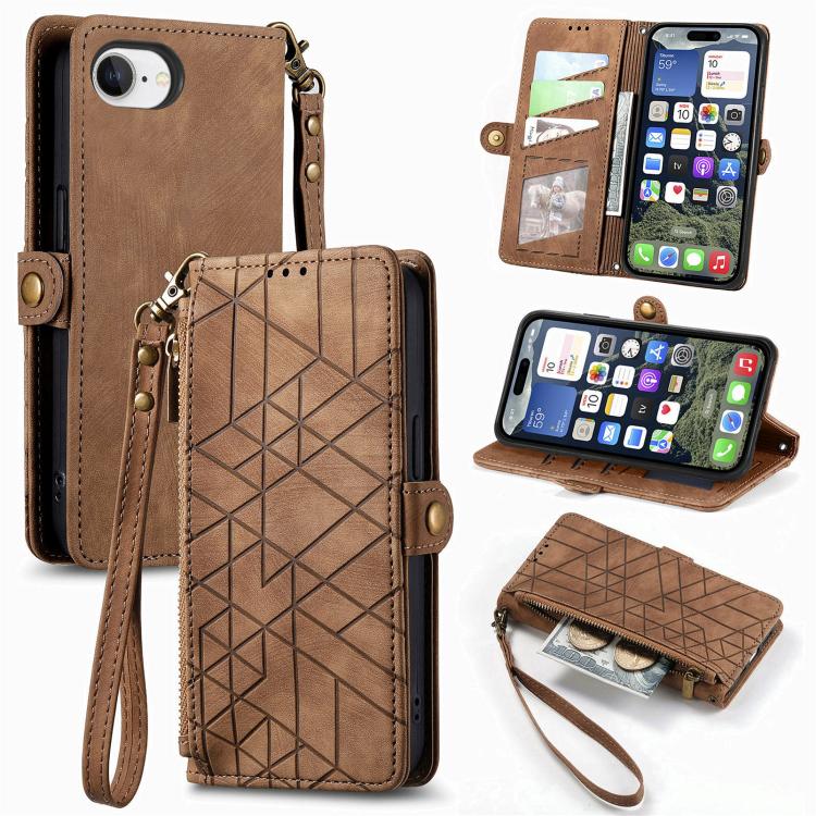 幾何学ジッパー財布サイドバックルレザースマホケース、iPhone 17e / 16e用、iPhone 17 Pro Max用、iPhone 17 Pro用、iPhone 17用、iPhone Air用、iPhone 16 Pro Max用、iPhone 16 Pro用、iPhone 16 Plus用