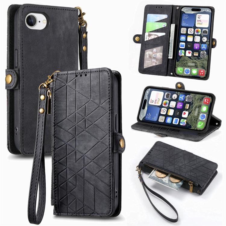幾何学ジッパー財布サイドバックルレザースマホケース、iPhone 17e / 16e用、iPhone 17 Pro Max用、iPhone 17 Pro用、iPhone 17用、iPhone Air用、iPhone 16 Pro Max用、iPhone 16 Pro用、iPhone 16 Plus用