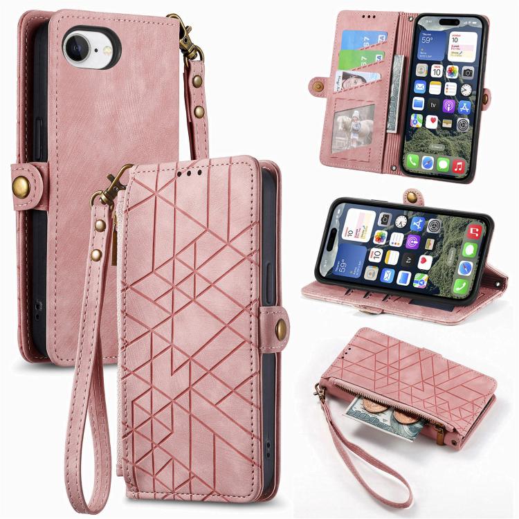 幾何学ジッパー財布サイドバックルレザースマホケース、iPhone 17e / 16e用、iPhone 17 Pro Max用、iPhone 17 Pro用、iPhone 17用、iPhone Air用、iPhone 16 Pro Max用、iPhone 16 Pro用、iPhone 16 Plus用