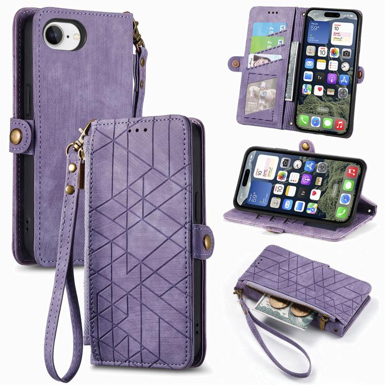 幾何学ジッパー財布サイドバックルレザースマホケース、iPhone 17e / 16e用、iPhone 17 Pro Max用、iPhone 17 Pro用、iPhone 17用、iPhone Air用、iPhone 16 Pro Max用、iPhone 16 Pro用、iPhone 16 Plus用