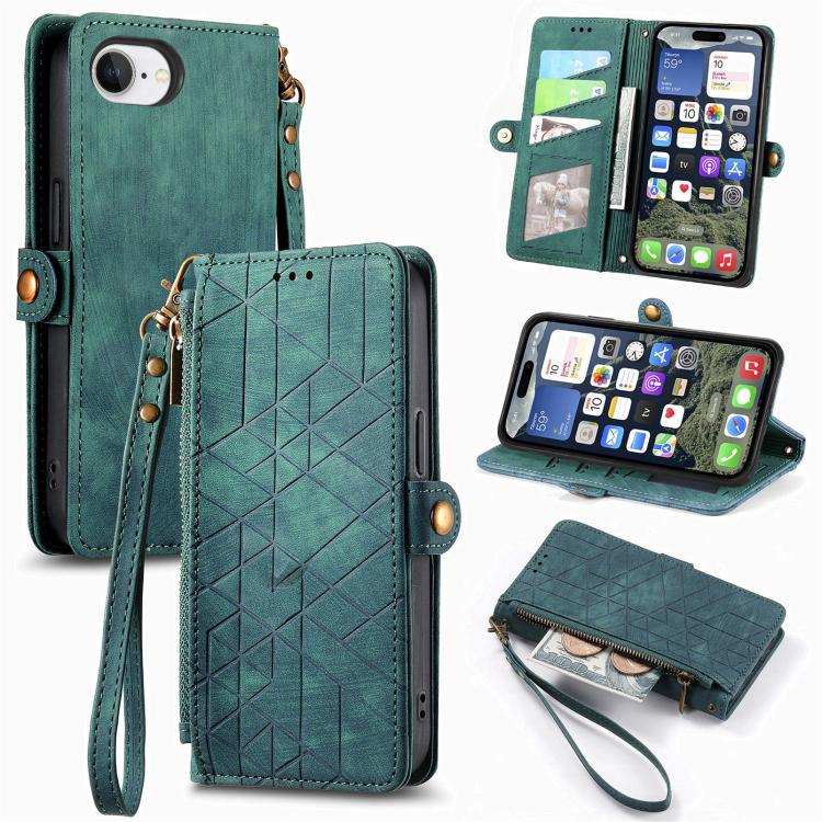幾何学ジッパー財布サイドバックルレザースマホケース、iPhone 17e / 16e用、iPhone 17 Pro Max用、iPhone 17 Pro用、iPhone 17用、iPhone Air用、iPhone 16 Pro Max用、iPhone 16 Pro用、iPhone 16 Plus用