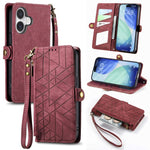 幾何学ジッパー財布サイドバックルレザースマホケース、iPhone 17e / 16e用、iPhone 17 Pro Max用、iPhone 17 Pro用、iPhone 17用、iPhone Air用、iPhone 16 Pro Max用、iPhone 16 Pro用、iPhone 16 Plus用