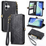 幾何学ジッパー財布サイドバックルレザースマホケース、iPhone 17e / 16e用、iPhone 17 Pro Max用、iPhone 17 Pro用、iPhone 17用、iPhone Air用、iPhone 16 Pro Max用、iPhone 16 Pro用、iPhone 16 Plus用