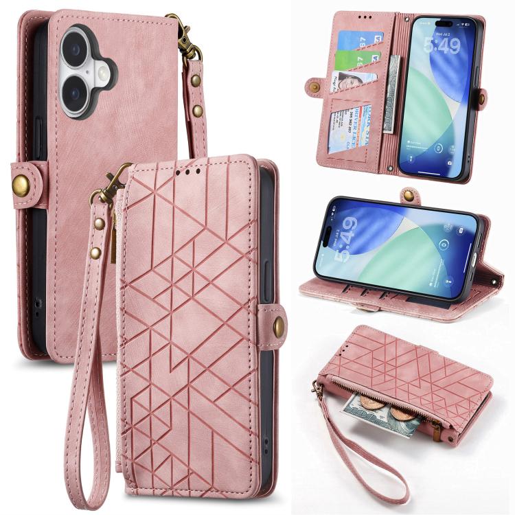 幾何学ジッパー財布サイドバックルレザースマホケース、iPhone 17e / 16e用、iPhone 17 Pro Max用、iPhone 17 Pro用、iPhone 17用、iPhone Air用、iPhone 16 Pro Max用、iPhone 16 Pro用、iPhone 16 Plus用
