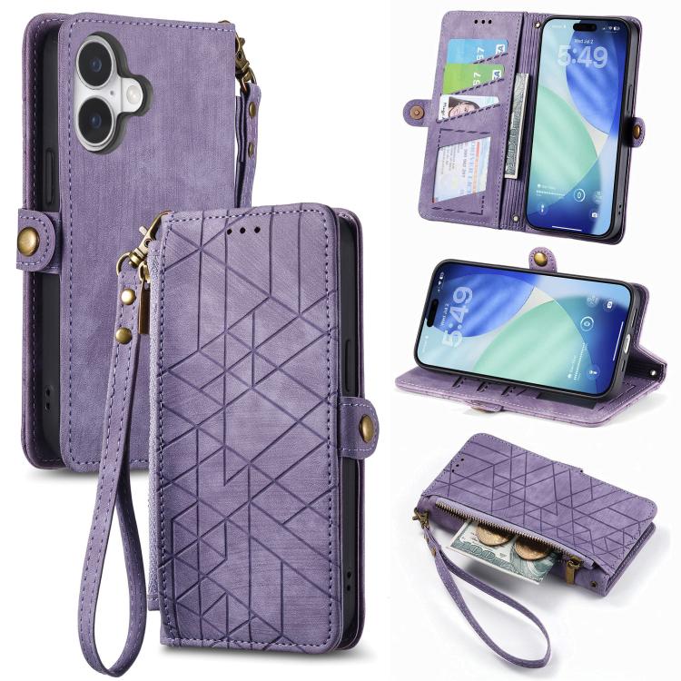 幾何学ジッパー財布サイドバックルレザースマホケース、iPhone 17e / 16e用、iPhone 17 Pro Max用、iPhone 17 Pro用、iPhone 17用、iPhone Air用、iPhone 16 Pro Max用、iPhone 16 Pro用、iPhone 16 Plus用
