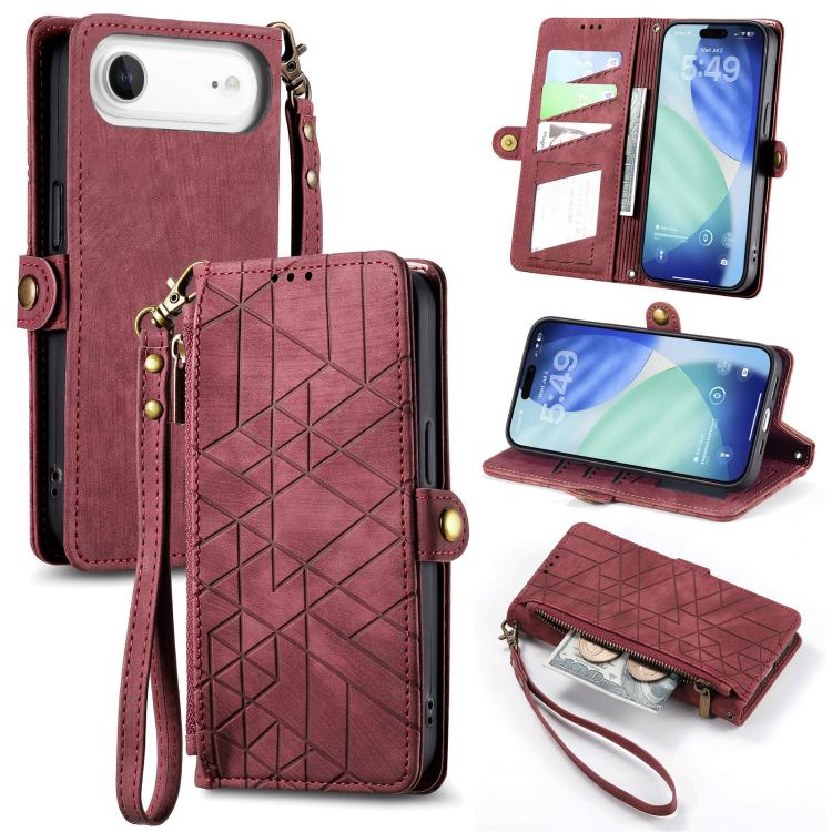 幾何学ジッパー財布サイドバックルレザースマホケース、iPhone 17e / 16e用、iPhone 17 Pro Max用、iPhone 17 Pro用、iPhone 17用、iPhone Air用、iPhone 16 Pro Max用、iPhone 16 Pro用、iPhone 16 Plus用