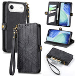 幾何学ジッパー財布サイドバックルレザースマホケース、iPhone 17e / 16e用、iPhone 17 Pro Max用、iPhone 17 Pro用、iPhone 17用、iPhone Air用、iPhone 16 Pro Max用、iPhone 16 Pro用、iPhone 16 Plus用