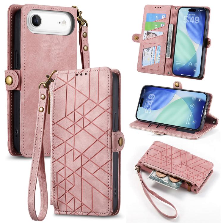 幾何学ジッパー財布サイドバックルレザースマホケース、iPhone 17e / 16e用、iPhone 17 Pro Max用、iPhone 17 Pro用、iPhone 17用、iPhone Air用、iPhone 16 Pro Max用、iPhone 16 Pro用、iPhone 16 Plus用