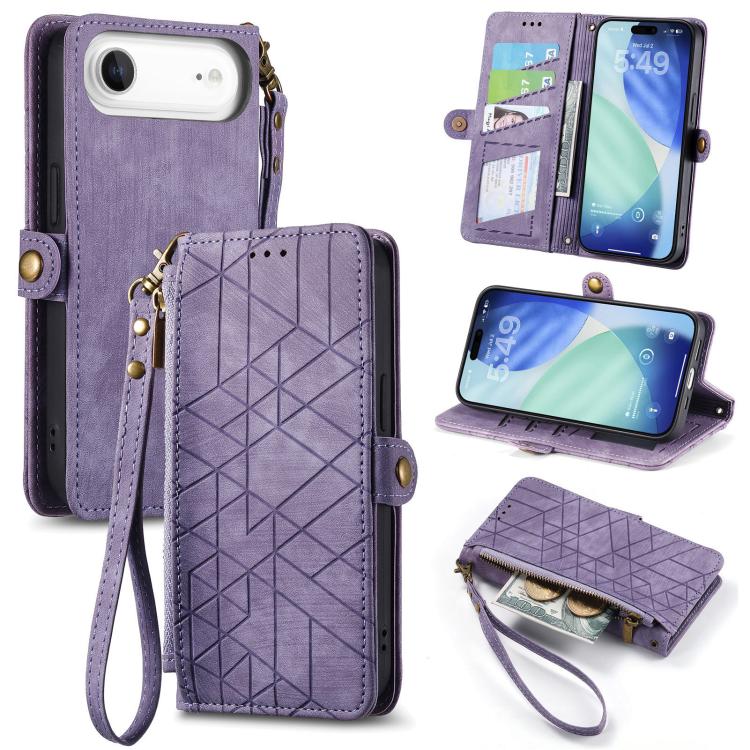 幾何学ジッパー財布サイドバックルレザースマホケース、iPhone 17e / 16e用、iPhone 17 Pro Max用、iPhone 17 Pro用、iPhone 17用、iPhone Air用、iPhone 16 Pro Max用、iPhone 16 Pro用、iPhone 16 Plus用