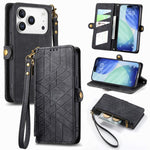 幾何学ジッパー財布サイドバックルレザースマホケース、iPhone 17e / 16e用、iPhone 17 Pro Max用、iPhone 17 Pro用、iPhone 17用、iPhone Air用、iPhone 16 Pro Max用、iPhone 16 Pro用、iPhone 16 Plus用