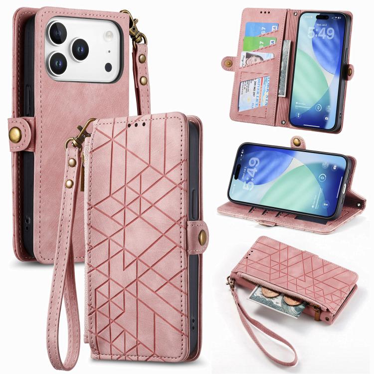 幾何学ジッパー財布サイドバックルレザースマホケース、iPhone 17e / 16e用、iPhone 17 Pro Max用、iPhone 17 Pro用、iPhone 17用、iPhone Air用、iPhone 16 Pro Max用、iPhone 16 Pro用、iPhone 16 Plus用