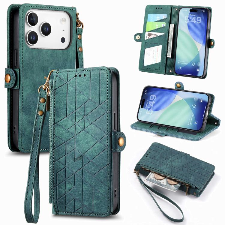 幾何学ジッパー財布サイドバックルレザースマホケース、iPhone 17e / 16e用、iPhone 17 Pro Max用、iPhone 17 Pro用、iPhone 17用、iPhone Air用、iPhone 16 Pro Max用、iPhone 16 Pro用、iPhone 16 Plus用