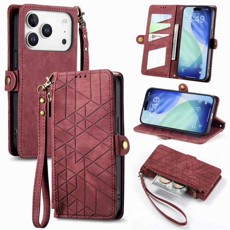 幾何学ジッパー財布サイドバックルレザースマホケース、iPhone 17e / 16e用、iPhone 17 Pro Max用、iPhone 17 Pro用、iPhone 17用、iPhone Air用、iPhone 16 Pro Max用、iPhone 16 Pro用、iPhone 16 Plus用