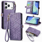 幾何学ジッパー財布サイドバックルレザースマホケース、iPhone 17e / 16e用、iPhone 17 Pro Max用、iPhone 17 Pro用、iPhone 17用、iPhone Air用、iPhone 16 Pro Max用、iPhone 16 Pro用、iPhone 16 Plus用
