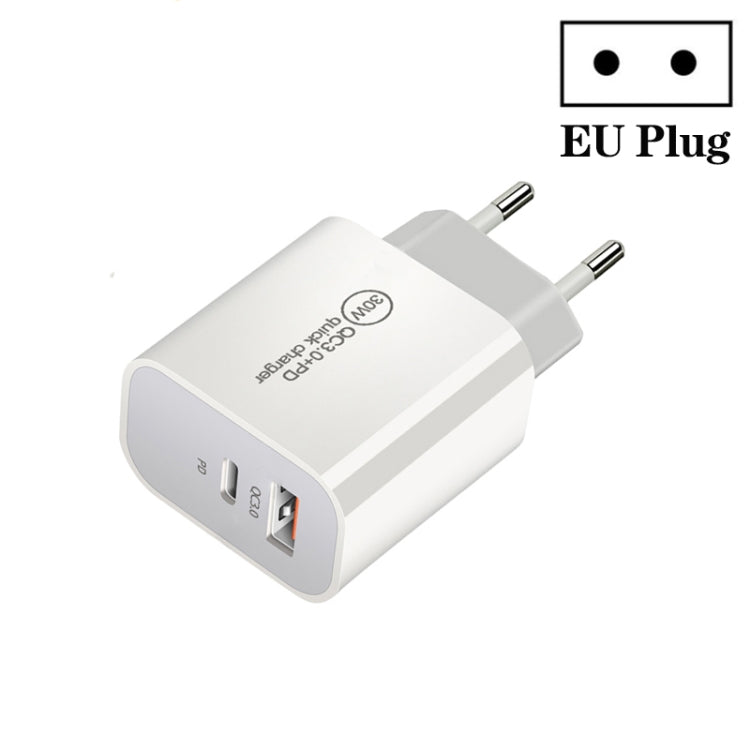 PD30W USB-C / Type-C + QC3.0 USB デュアルポートチャージャー、EUプラグ、USプラグ、AUプラグ