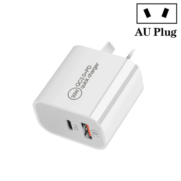 PD30W USB-C / Type-C + QC3.0 USB デュアルポートチャージャー、EUプラグ、USプラグ、AUプラグ