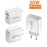 PD30W USB-C / Type-C + QC3.0 USB デュアルポートチャージャー、EUプラグ、USプラグ、AUプラグ