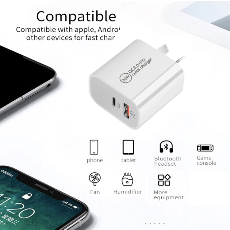 PD30W USB-C / Type-C + QC3.0 USB デュアルポートチャージャー、EUプラグ、USプラグ、AUプラグ