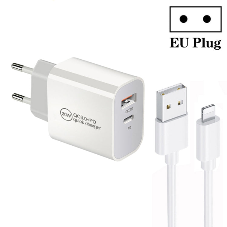 PD30W USB-C / Type-C + QC3.0 USB デュアルポートチャージャー 1m USB to 8ピンデータケーブル付き、EUプラグ、USプラグ、AUプラグ