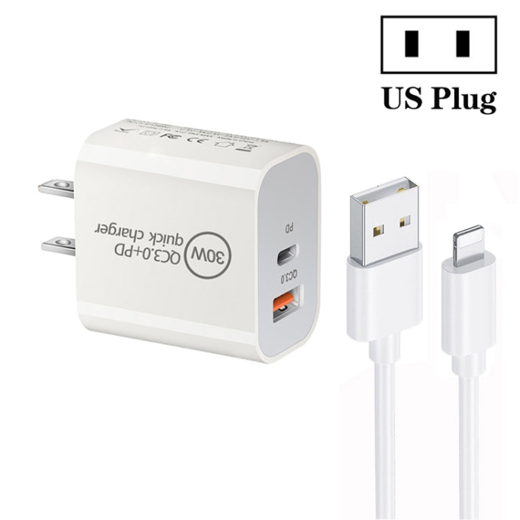 PD30W USB-C / Type-C + QC3.0 USB デュアルポートチャージャー 1m USB to 8ピンデータケーブル付き、EUプラグ、USプラグ、AUプラグ