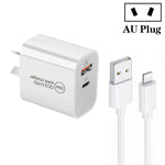 PD30W USB-C / Type-C + QC3.0 USB デュアルポートチャージャー 1m USB to 8ピンデータケーブル付き、EUプラグ、USプラグ、AUプラグ