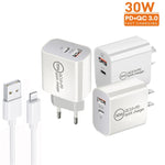 PD30W USB-C / Type-C + QC3.0 USB デュアルポートチャージャー 1m USB to 8ピンデータケーブル付き、EUプラグ、USプラグ、AUプラグ