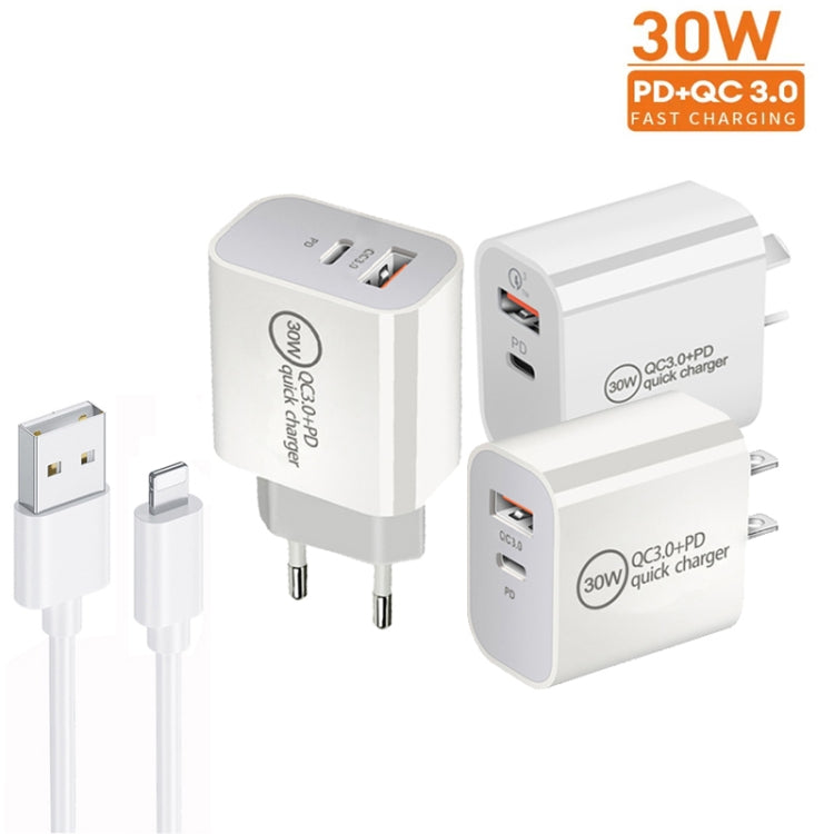 PD30W USB-C / Type-C + QC3.0 USB デュアルポートチャージャー 1m USB to 8ピンデータケーブル付き、EUプラグ、USプラグ、AUプラグ