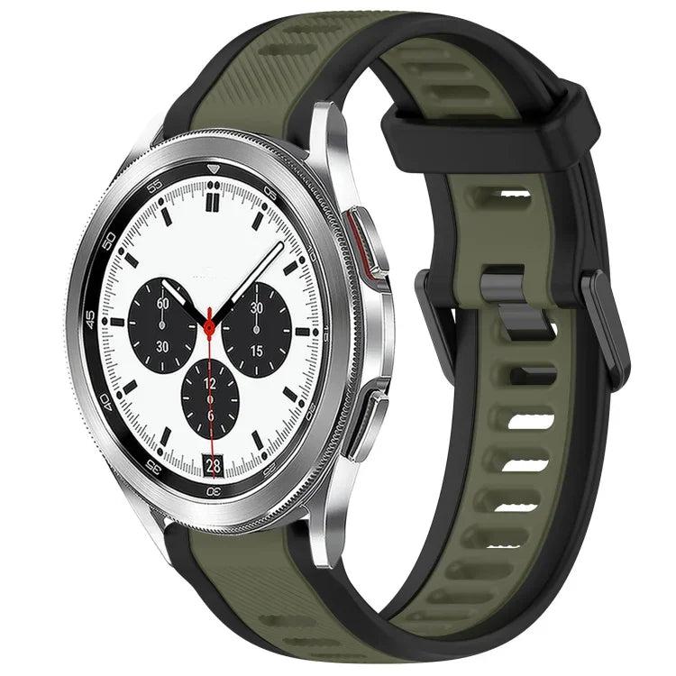 Two color silicone watch band for Galaxy Watch, featuring black and olive green design with quick-release mechanism.
