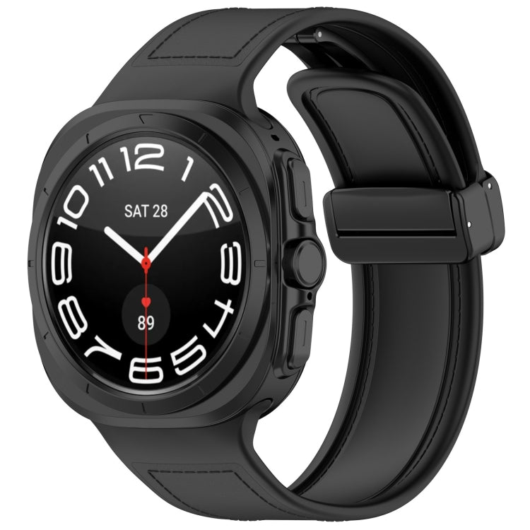 For Samsung Galaxy Watch Ultra 47mm Magnetic Folding Buckle Silicone Leather Watch Band, Black, Gray, Orange, Green, Light Brown, Dark Blue