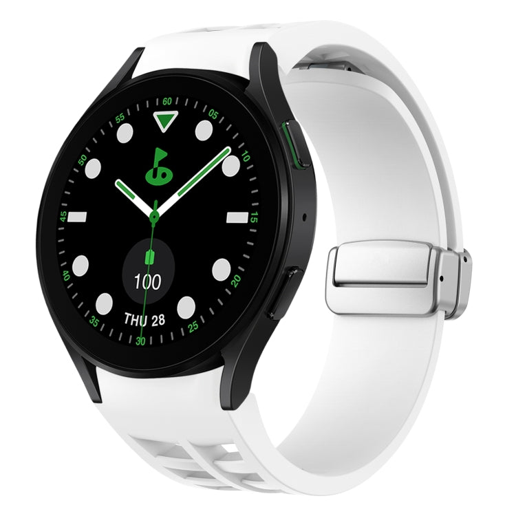リチャード マグネティック折りたたみシルバーバックルシリコン製時計バンド、Samsung Galaxy Watch FE 40mm用、Samsung Galaxy Watch 5 Pro ゴルフエディション用、Samsung Galaxy Watch 5 ゴルフエディション用