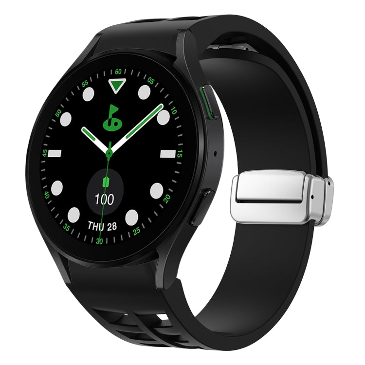 リチャード マグネティック折りたたみシルバーバックルシリコン製時計バンド、Samsung Galaxy Watch FE 40mm用、Samsung Galaxy Watch 5 Pro ゴルフエディション用、Samsung Galaxy Watch 5 ゴルフエディション用