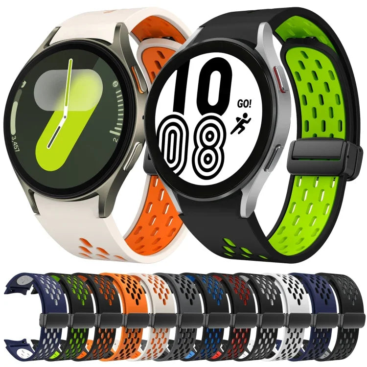 ツートンマグネット折りたたみブラックバックルシリコンウォッチバンド、Samsung Galaxy Watch 7 40 / 44mm用、Samsung Galaxy Watch 5 40 / 44mm用、Samsung Galaxy Watch 4 40 / 44mm用、Samsung Galaxy Watch 4 Classic 42 / 46mm用