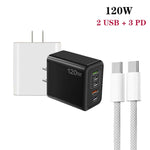 120W PD3.0 3ポートType-C 2ポートUSB マルチポート急速充電器 Type-C to Type-Cケーブル付き、USプラグ、USプラグ＋C to Cケーブル