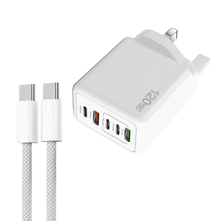 120W PD3.0 3ポートType-C 2ポートUSB マルチポート急速充電器 Type-C to Type-Cケーブル付き、UKプラグ、UKプラグ＋C to Cケーブル