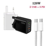 120W PD3.0 3ポートType-C 2ポートUSB マルチポート急速充電器 Type-C to Type-Cケーブル付き、UKプラグ、UKプラグ＋C to Cケーブル